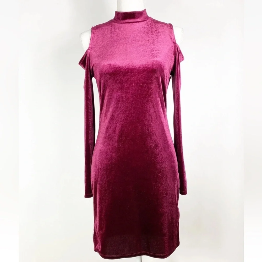 ❤️ AMBIANCE Girls Burgundy Velvet Cold Shoulder Long Sleeve Dress Size Large